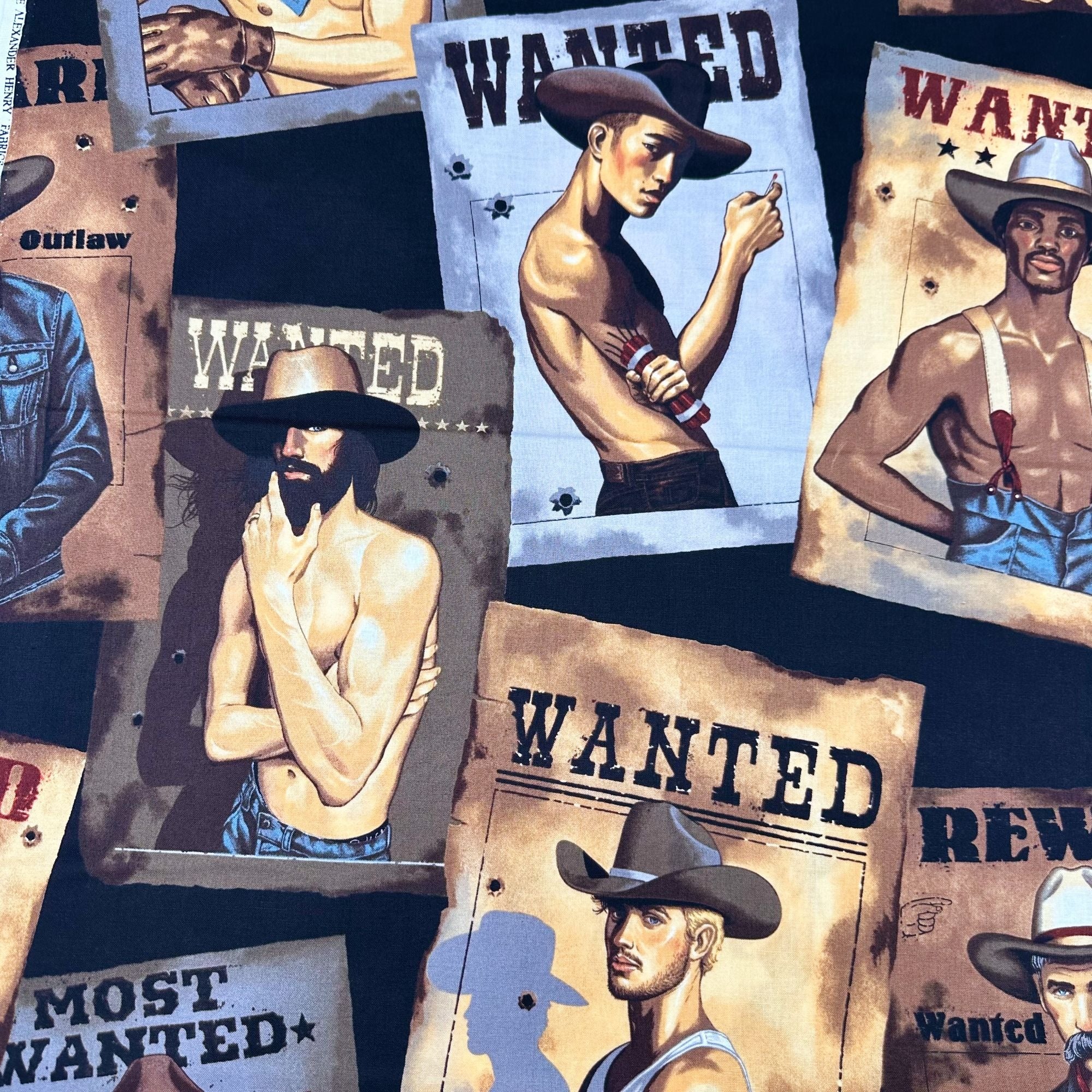 Wanted Sexy Outlaws Pin Up Men Cotton Fabric by Alexander Henry, Black