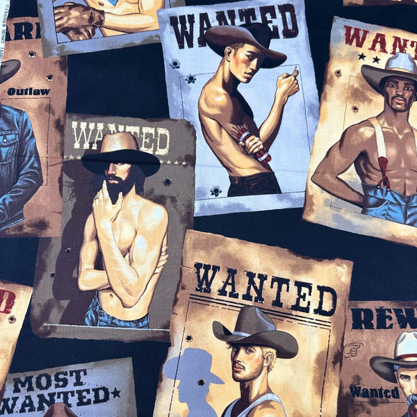 Wanted Sexy Outlaws Pin Up Men Cotton Fabric by Alexander Henry, Black