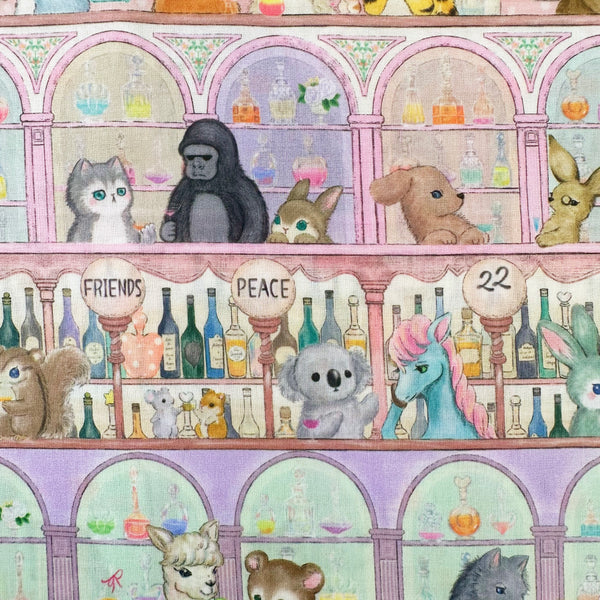 22 Moody Bar cotton lawn fabric by Yukiemon for Hokkoh featuring whimsical animals at a cocktail bar scene, imported from Japan
