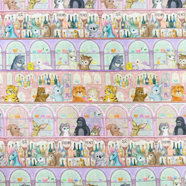 22 Moody Bar cotton lawn fabric by Yukiemon for Hokkoh featuring whimsical animals at a cocktail bar scene, imported from Japan