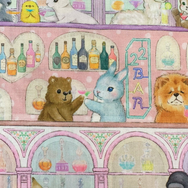Cocktails in 22 Moody Bar cotton lawn fabric by Yukiemon for Hokkoh featuring whimsical animals at a cocktail bar scene, imported from Japan