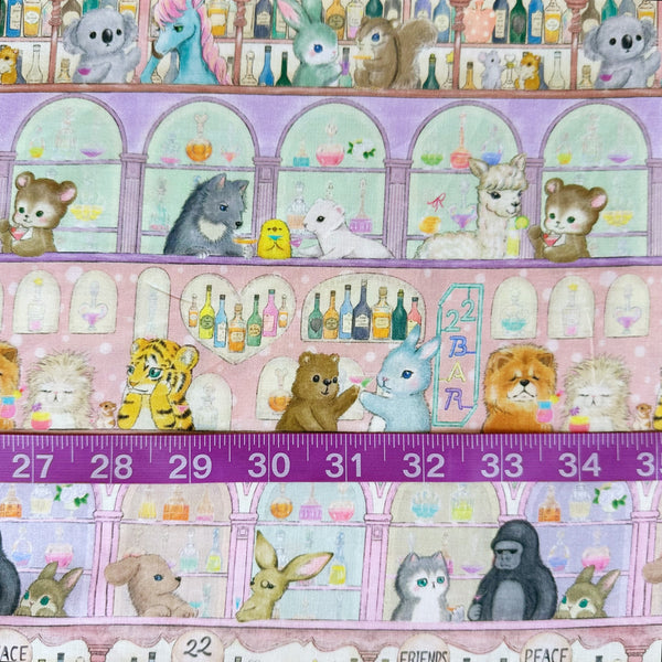 Scale of 22 Moody Bar cotton lawn fabric by Yukiemon for Hokkoh featuring whimsical animals at a cocktail bar scene, imported from Japan