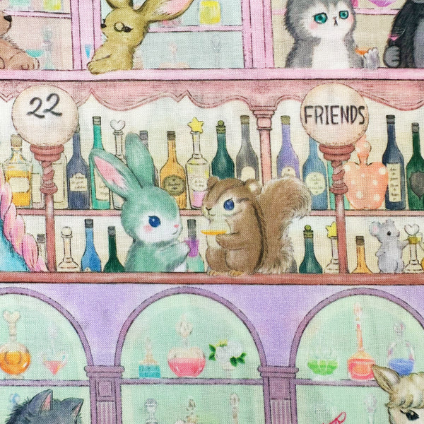 Cute Animals of 22 Moody Bar cotton lawn fabric by Yukiemon for Hokkoh featuring whimsical animals at a cocktail bar scene, imported from Japan