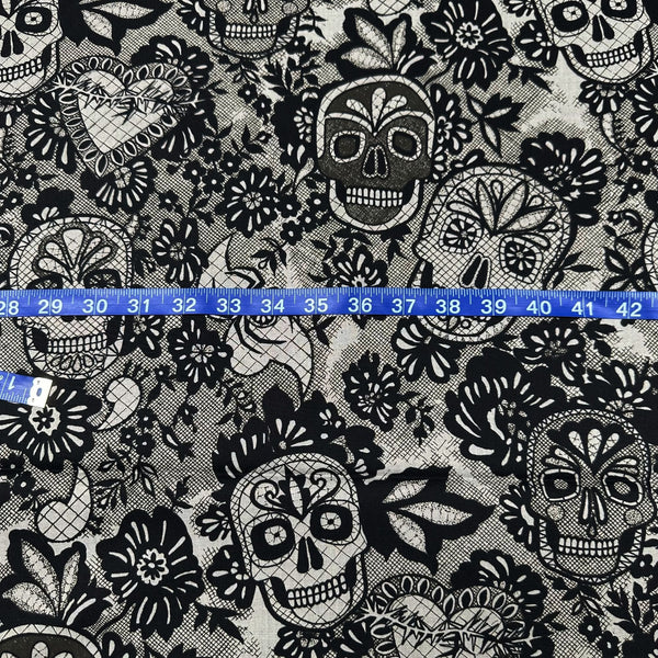 Alexander Henry Darkly Delicate Charcoal Sugar Skulls Cotton Fabric