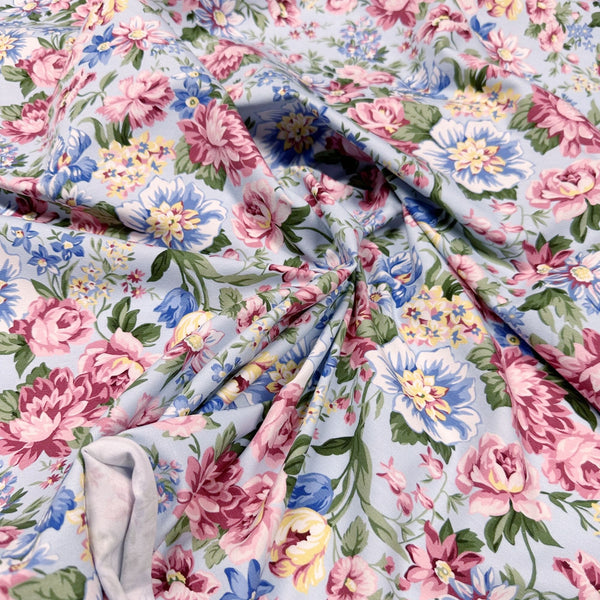 Flowerhouse Serene Blue Pink Floral Cotton Jersey Knit Stretch Fabric Robert Kaufman