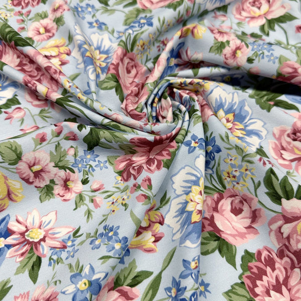 Flowerhouse Serene Blue Pink Floral Cotton Jersey Knit Stretch Fabric Robert Kaufman