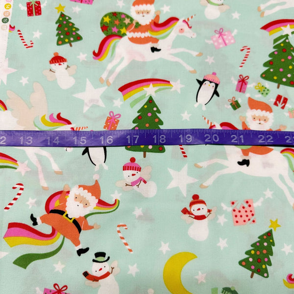 Yuletide Unicorn Cotton Fabric by Alexander Henry, 8894 B Christmas Santa Rainbows