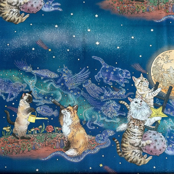 Close up of 365 Cat Art Moonlight Cat cotton fabric by Kokka, style EKX-1710-1A