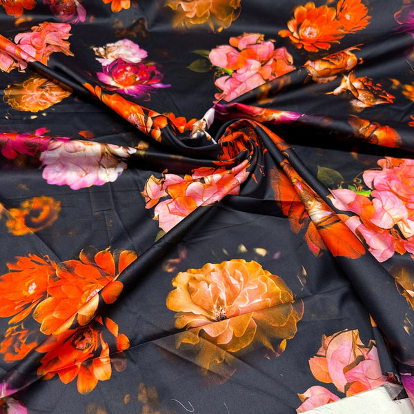 Digitally Printed Vibrant Floral Printed Italian Stretch Cotton Sateen Fabric, Made In Italy, Photo Real Apparel Fabric