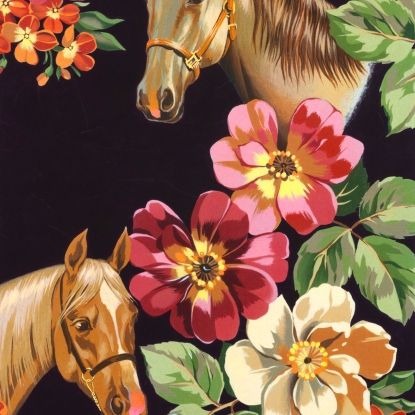 Alexander Henry Blossom Stables Cotton Fabric Black, Horses and Flowers Fabric