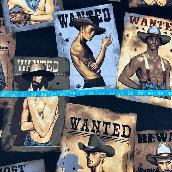 Wanted Sexy Outlaws Pin Up Men Cotton Fabric by Alexander Henry, Black