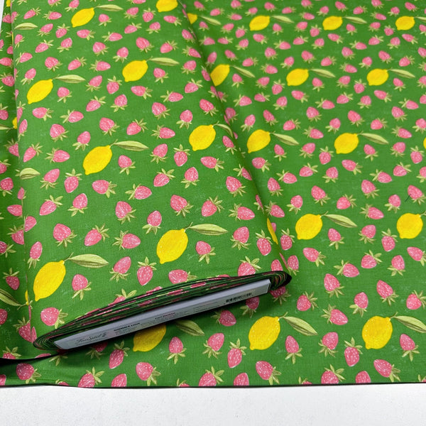 Summer Love Strawberry Lemonade in Green Fabric by Cora Dantini, Free Spirit Fabrics