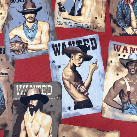 Wanted Sexy Outlaws Pin Up Men Cotton Fabric by Alexander Henry, Old Red