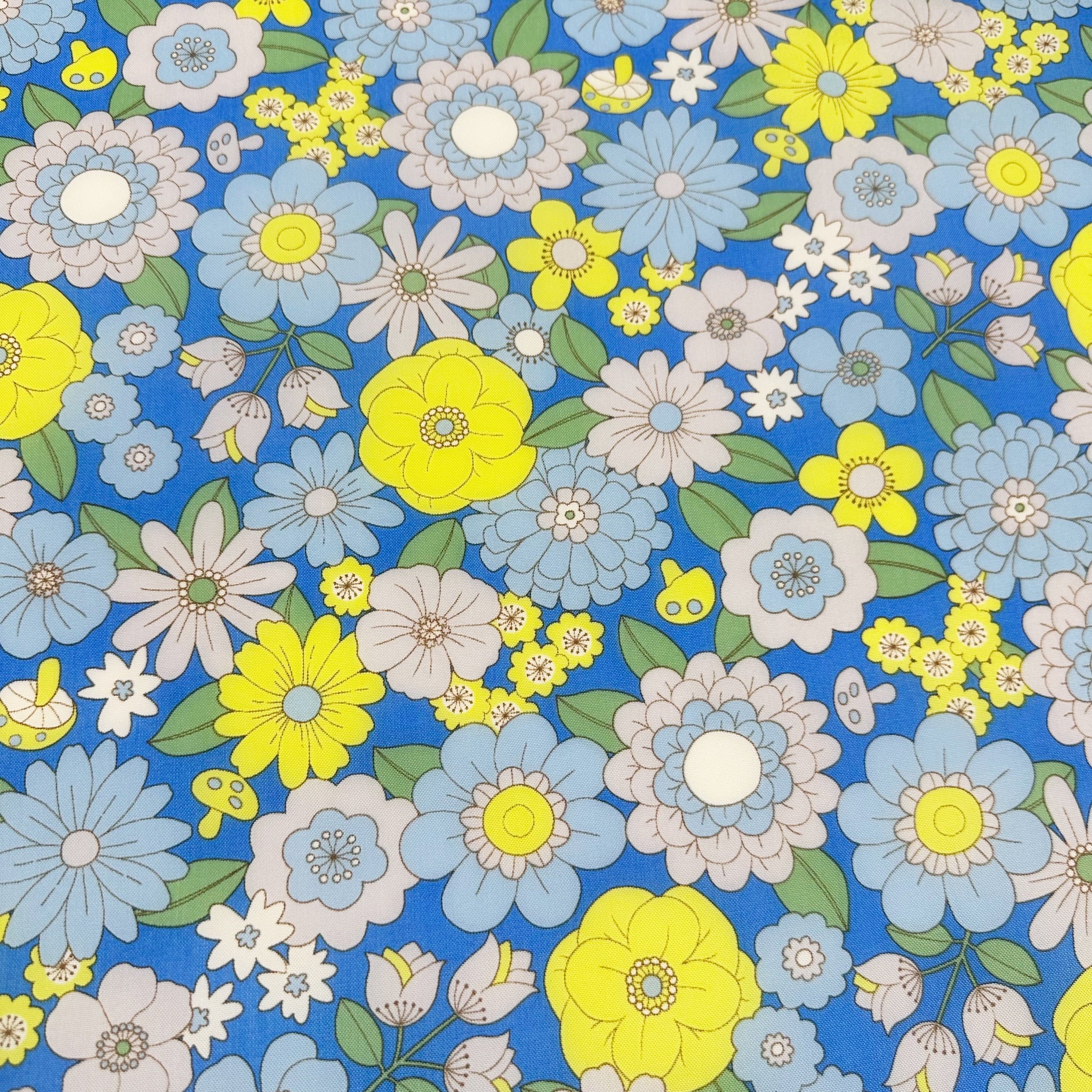 70s design Flower Days Nylon Fabric, Groovy Retro Blue Flower Power Print, Imported From Japan