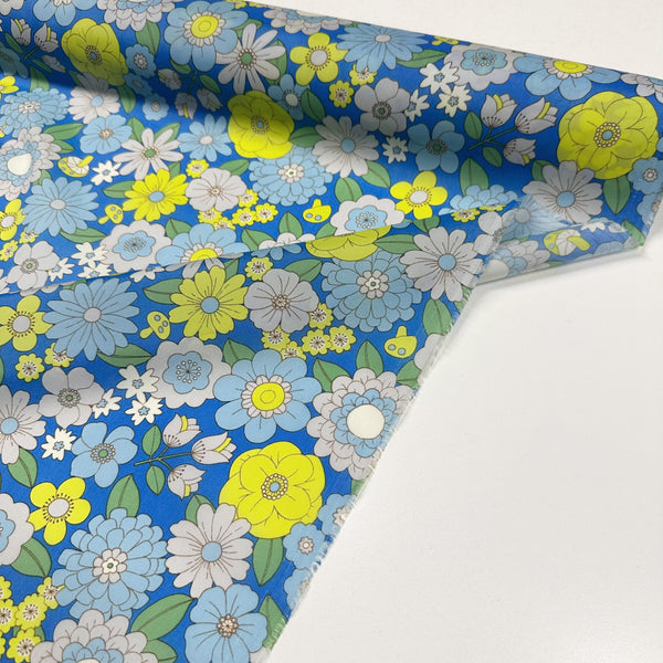 70s design Flower Days Nylon Fabric, Groovy Retro Blue Flower Power Print, Imported From Japan