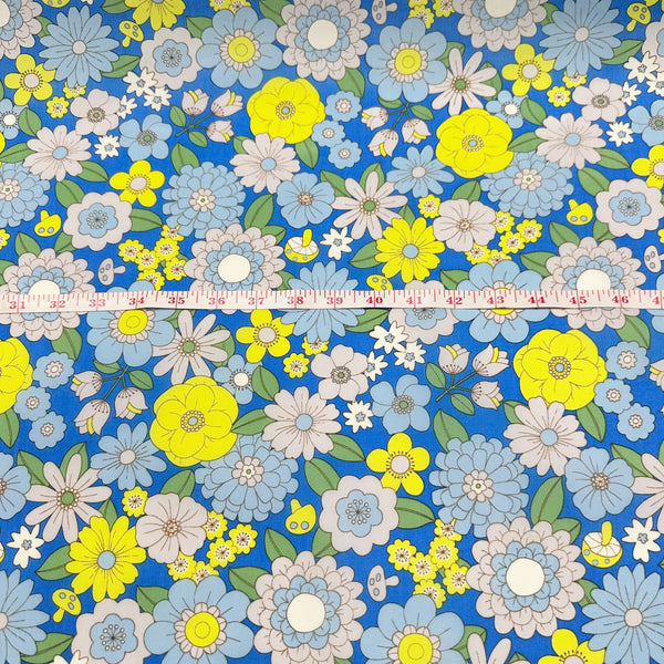 70s design Flower Days Nylon Fabric, Groovy Retro Blue Flower Power Print, Imported From Japan