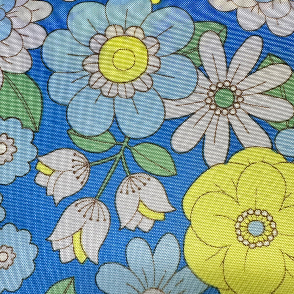 70s design Flower Days Nylon Fabric, Groovy Retro Blue Flower Power Print, Imported From Japan