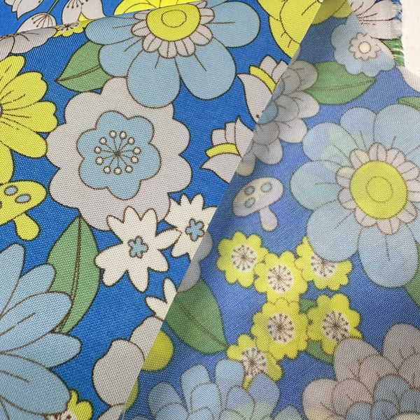 70s design Flower Days Nylon Fabric, Groovy Retro Blue Flower Power Print, Imported From Japan