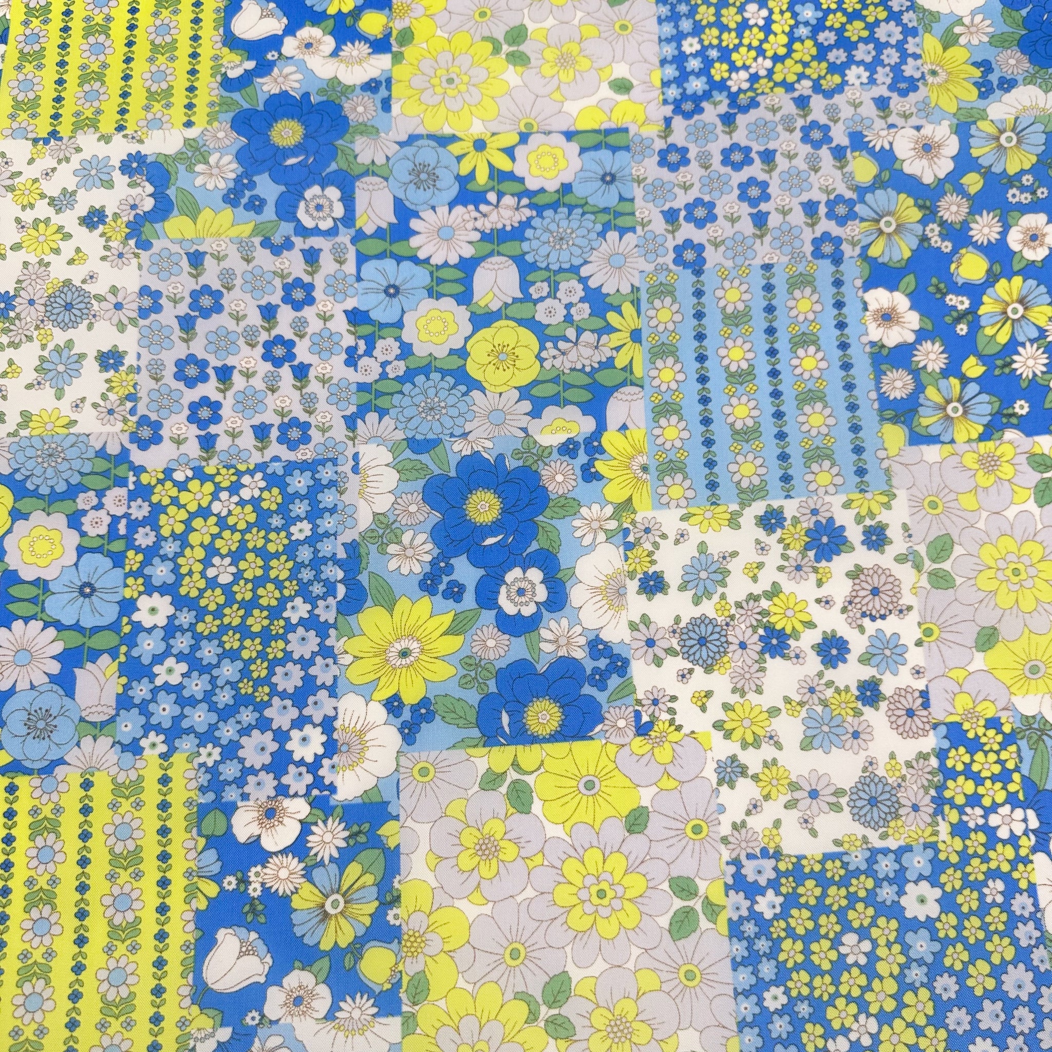 70s design Flower Days Nylon Fabric, Groovy Retro Blue Patchwork Flower Print, Imported From Japan