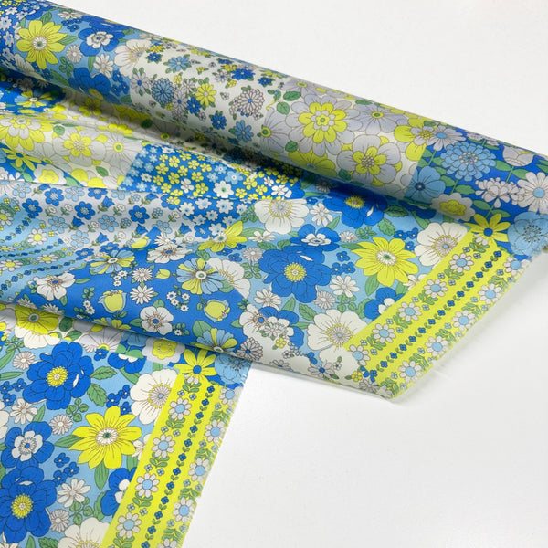 70s design Flower Days Nylon Fabric, Groovy Retro Blue Patchwork Flower Print, Imported From Japan