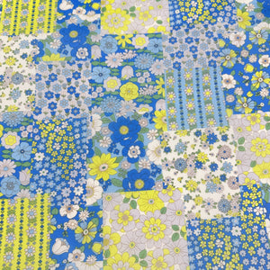 70s design Flower Days Nylon Fabric, Groovy Retro Blue Patchwork Flower Print, Imported From Japan