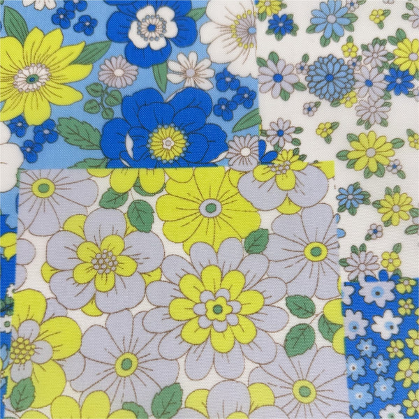 70s design Flower Days Nylon Fabric, Groovy Retro Blue Patchwork Flower Print, Imported From Japan