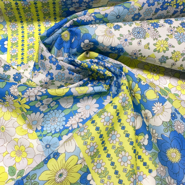 70s design Flower Days Nylon Fabric, Groovy Retro Blue Patchwork Flower Print, Imported From Japan