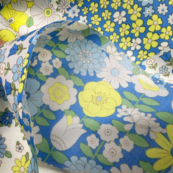 70s design Flower Days Nylon Fabric, Groovy Retro Blue Patchwork Flower Print, Imported From Japan