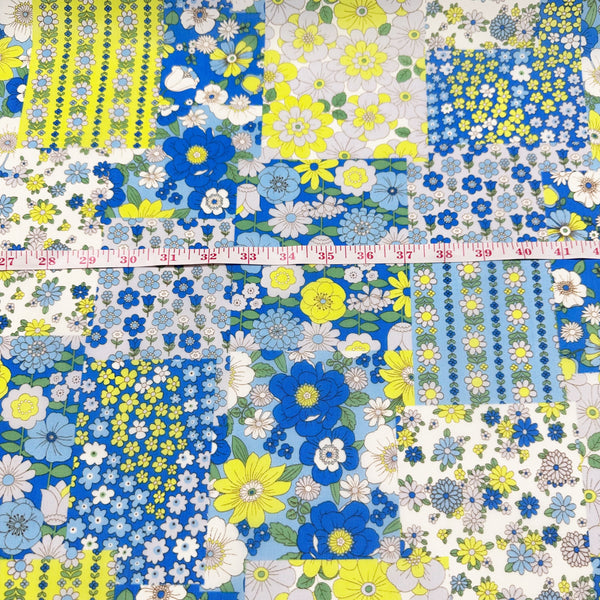 70s design Flower Days Nylon Fabric, Groovy Retro Blue Patchwork Flower Print, Imported From Japan