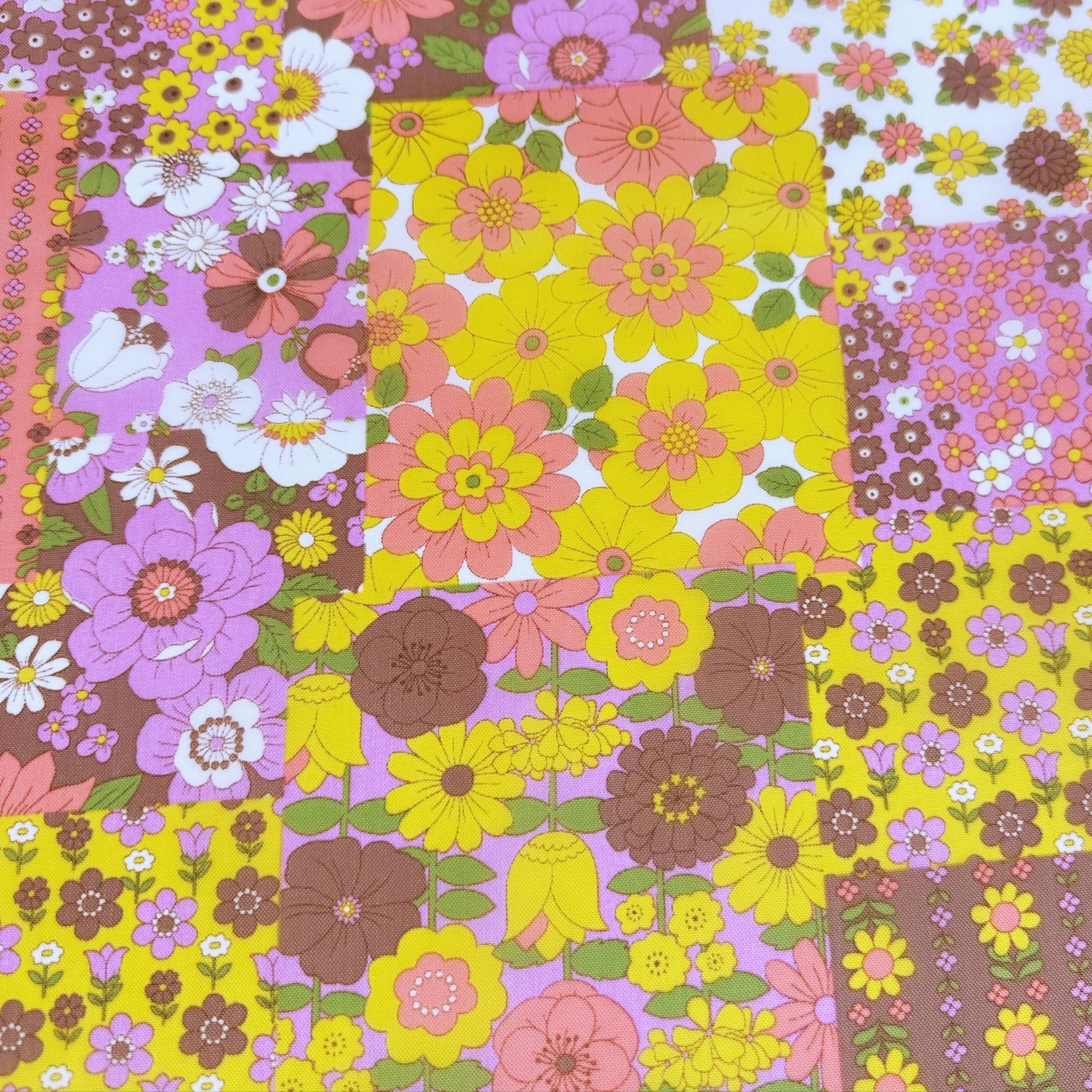 70s design Flower Days Nylon Fabric, Groovy Retro Brown Multi Patchwork Flower Print, Imported From Japan