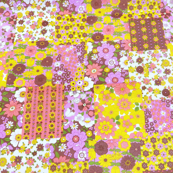 70s design Flower Days Nylon Fabric, Groovy Retro Brown Multi Patchwork Flower Print, Imported From Japan