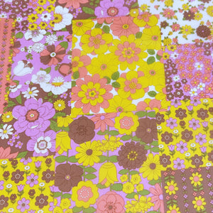 70s design Flower Days Nylon Fabric, Groovy Retro Brown Multi Patchwork Flower Print, Imported From Japan