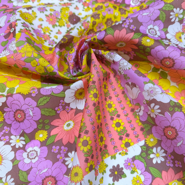 70s design Flower Days Nylon Fabric, Groovy Retro Brown Multi Patchwork Flower Print, Imported From Japan