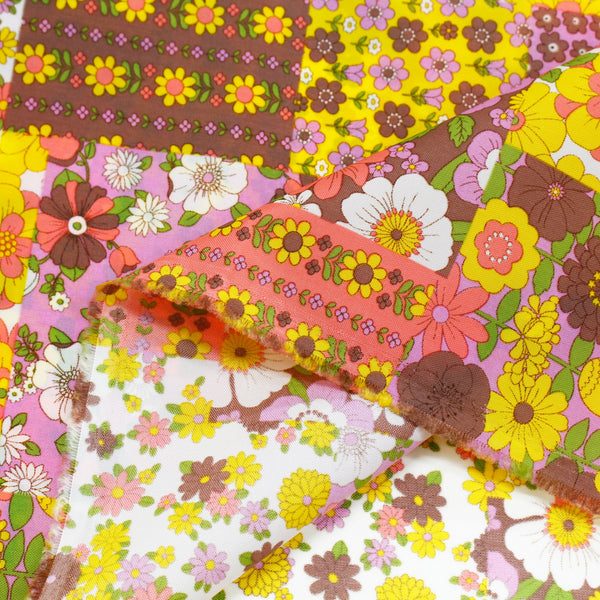 70s design Flower Days Nylon Fabric, Groovy Retro Brown Multi Patchwork Flower Print, Imported From Japan