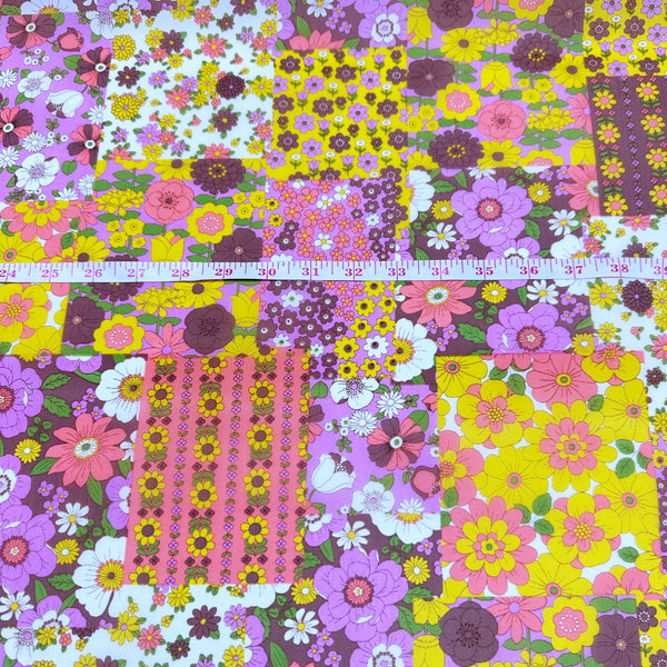 70s design Flower Days Nylon Fabric, Groovy Retro Brown Multi Patchwork Flower Print, Imported From Japan