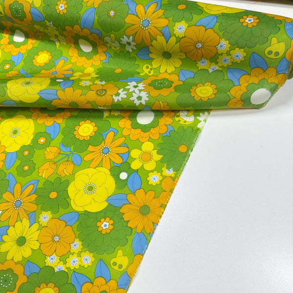 70s design Flower Days Nylon Fabric, Groovy Retro Green Flower Power Print, Imported From Japan 