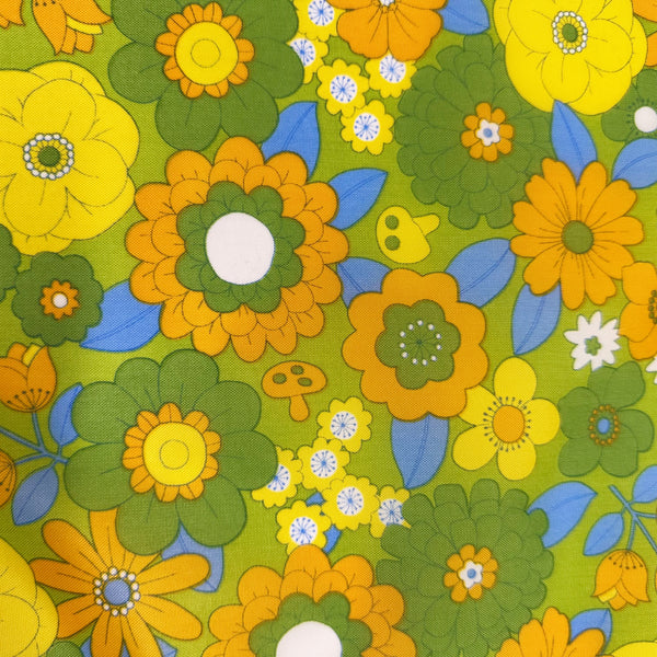 70s design Flower Days Nylon Fabric, Groovy Retro Green Flower Power Print, Imported From Japan 