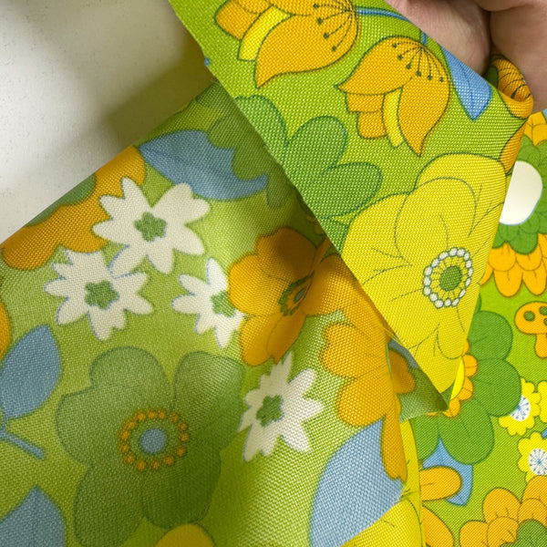 70s design Flower Days Nylon Fabric, Groovy Retro Green Flower Power Print, Imported From Japan 
