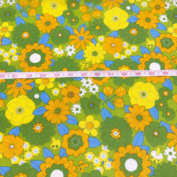 70s design Flower Days Nylon Fabric, Groovy Retro Green Flower Power Print, Imported From Japan 