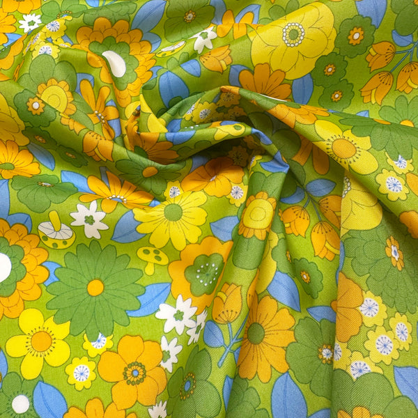 70s design Flower Days Nylon Fabric, Groovy Retro Green Flower Power Print, Imported From Japan 