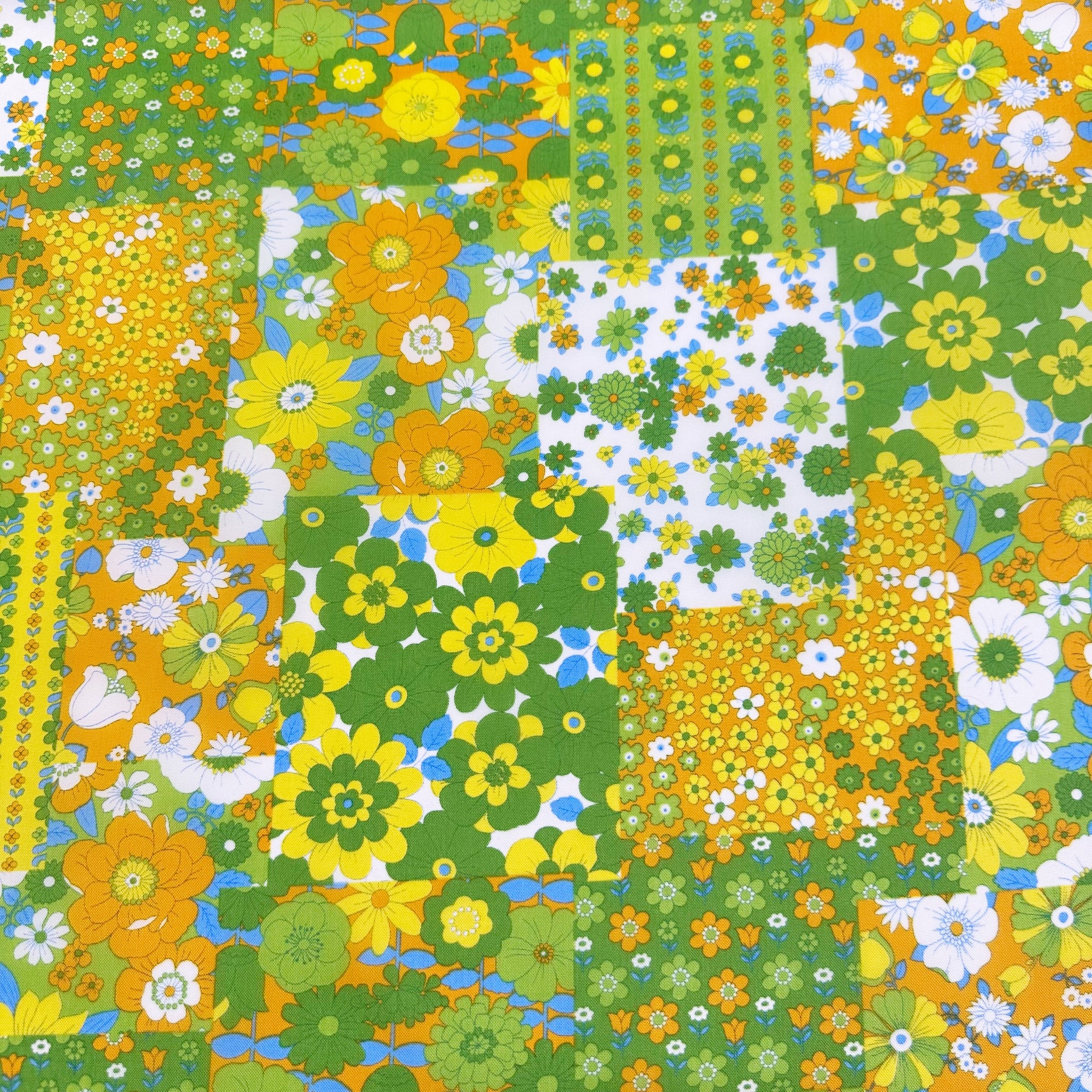 70s design Flower Days Nylon Fabric, Groovy Retro Green Patchwork Flower Print, Imported From Japan
