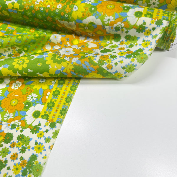 70s design Flower Days Nylon Fabric, Groovy Retro Green Patchwork Flower Print, Imported From Japan