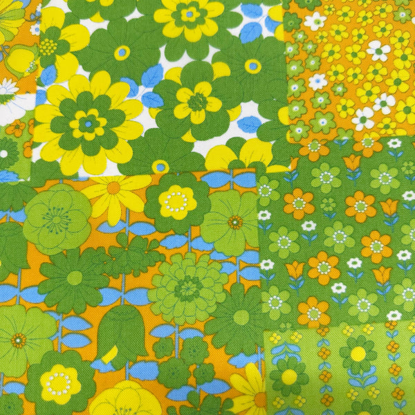 70s design Flower Days Nylon Fabric, Groovy Retro Green Patchwork Flower Print, Imported From Japan