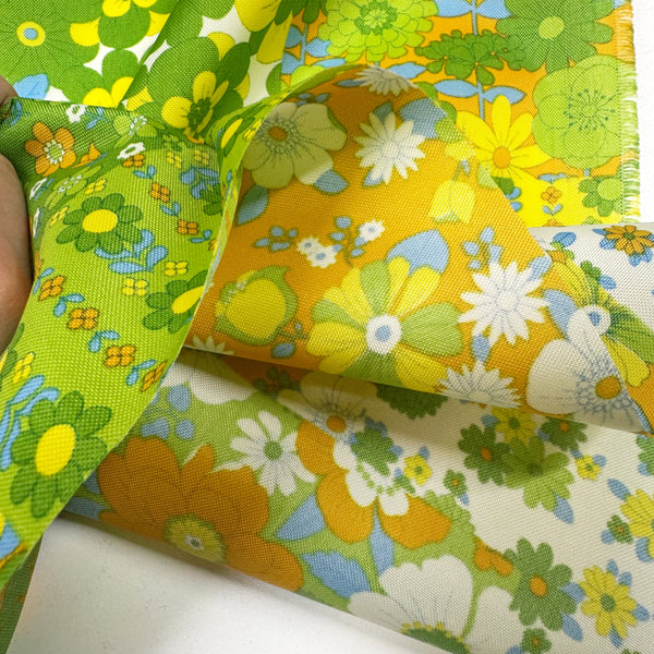 70s design Flower Days Nylon Fabric, Groovy Retro Green Patchwork Flower Print, Imported From Japan
