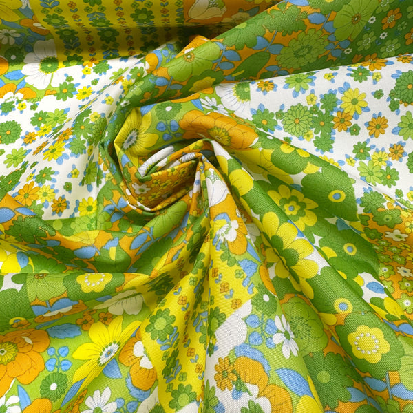 70s design Flower Days Nylon Fabric, Groovy Retro Green Patchwork Flower Print, Imported From Japan