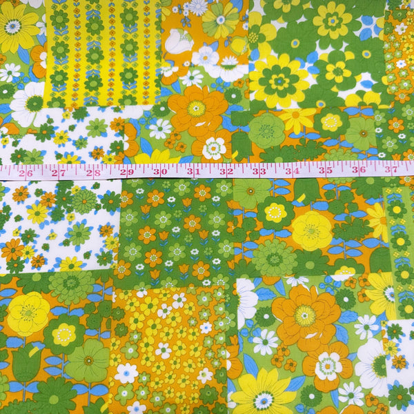 70s design Flower Days Nylon Fabric, Groovy Retro Green Patchwork Flower Print, Imported From Japan