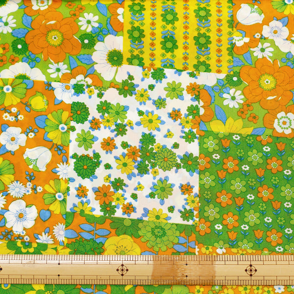 70s design Flower Days Nylon Fabric, Groovy Retro Green Patchwork Flower Print, Imported From Japan