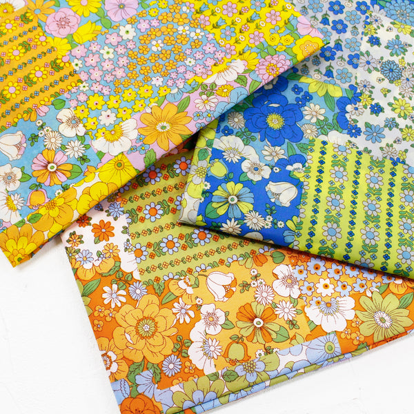 70s design Flower Days Nylon Fabric, Groovy Retro Green Patchwork Flower Print, Imported From Japan
