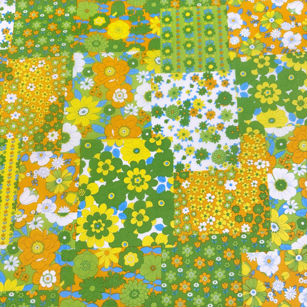 70s design Flower Days Nylon Fabric, Groovy Retro Green Patchwork Flower Print, Imported From Japan