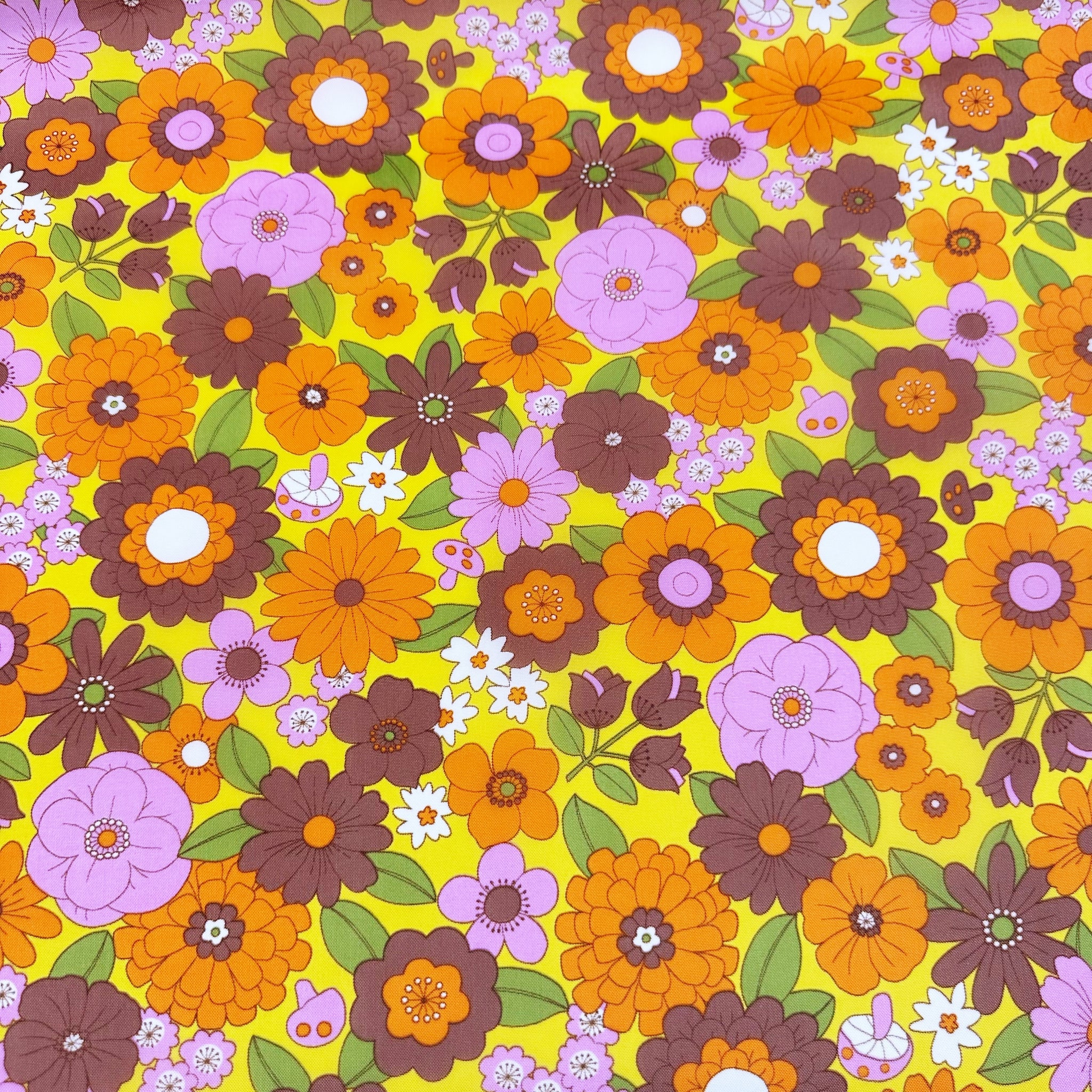 70s design Flower Days Nylon Fabric, Groovy Retro Orange Brown Flower Power Print, Imported From Japan